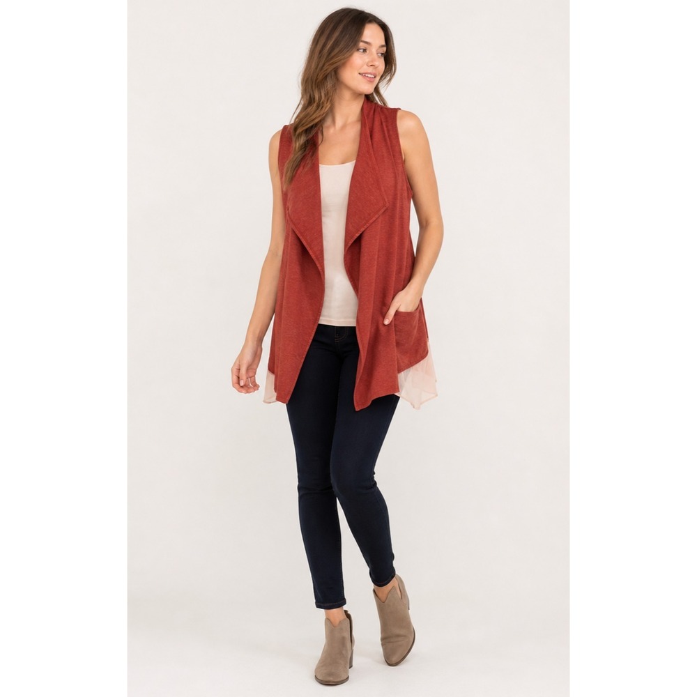 LOGO Lori Goldstein Sleeveless Drape Vest Women Medium Peach Layered Hem Pockets
